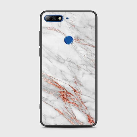 Huawei Y7 2018 Cover - White Marble Series - HQ Ultra Shine Premium Infinity Glass Soft Silicon Borders Case