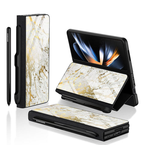 Samsung Galaxy Z Fold 3 5G Cover- White Marble Series - HQ Ultra Shine Premium Infinity Glass Soft Silicon Borders Case