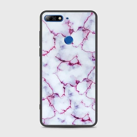 Huawei Y7 2018 Cover - White Marble Series - HQ Ultra Shine Premium Infinity Glass Soft Silicon Borders Case