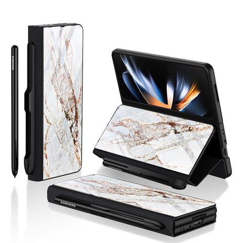 Samsung Galaxy Z Fold 3 5G Cover- White Marble Series - HQ Ultra Shine Premium Infinity Glass Soft Silicon Borders Case