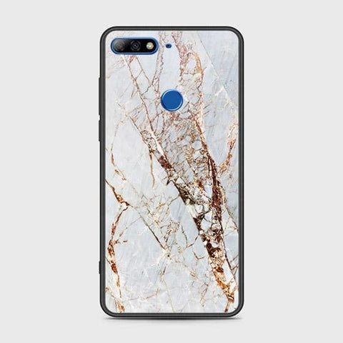 Huawei Y7 2018 Cover - White Marble Series - HQ Ultra Shine Premium Infinity Glass Soft Silicon Borders Case