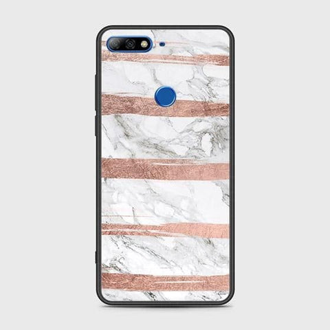 Huawei Y7 2018 Cover - White Marble Series - HQ Ultra Shine Premium Infinity Glass Soft Silicon Borders Case