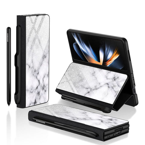 Samsung Galaxy Z Fold 3 5G Cover- White Marble Series - HQ Ultra Shine Premium Infinity Glass Soft Silicon Borders Case