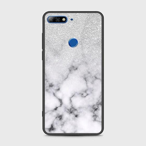 Huawei Y7 2018 Cover - White Marble Series - HQ Ultra Shine Premium Infinity Glass Soft Silicon Borders Case