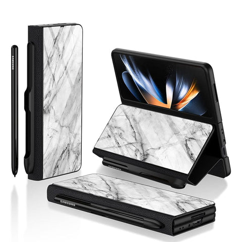 Samsung Galaxy Z Fold 3 5G Cover- White Marble Series - HQ Ultra Shine Premium Infinity Glass Soft Silicon Borders Case