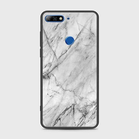 Huawei Y7 2018 Cover - White Marble Series - HQ Ultra Shine Premium Infinity Glass Soft Silicon Borders Case