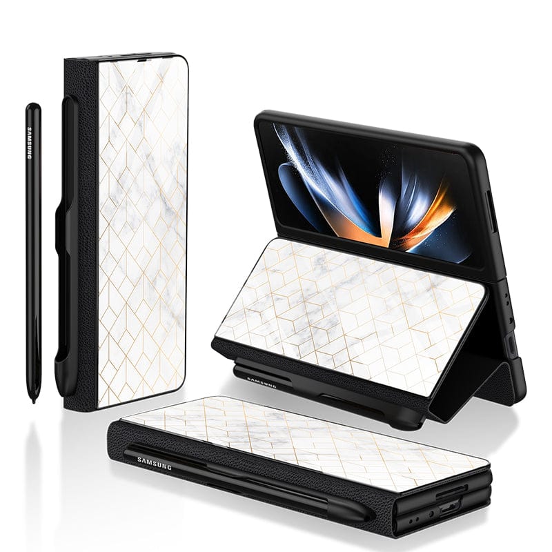 Samsung Galaxy Z Fold 3 5G Cover- White Marble Series 2 - HQ Ultra Shine Premium Infinity Glass Soft Silicon Borders Case