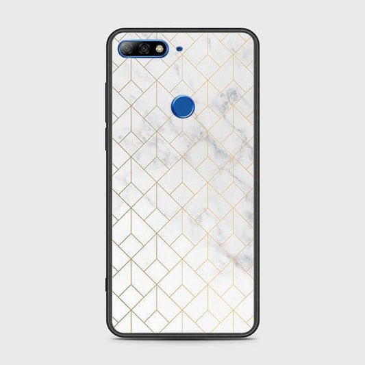 Huawei Y7 2018 Cover - White Marble Series 2 - HQ Ultra Shine Premium Infinity Glass Soft Silicon Borders Case