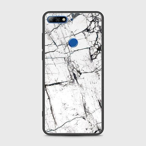 Huawei Y7 2018 Cover - White Marble Series 2 - HQ Ultra Shine Premium Infinity Glass Soft Silicon Borders Case