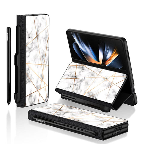 Samsung Galaxy Z Fold 3 5G Cover- White Marble Series 2 - HQ Ultra Shine Premium Infinity Glass Soft Silicon Borders Case