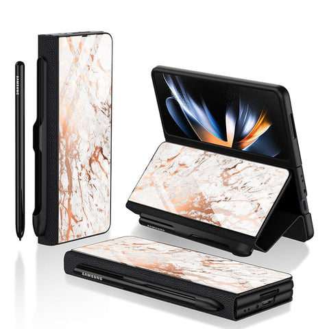 Samsung Galaxy Z Fold 3 5G Cover- White Marble Series 2 - HQ Ultra Shine Premium Infinity Glass Soft Silicon Borders Case