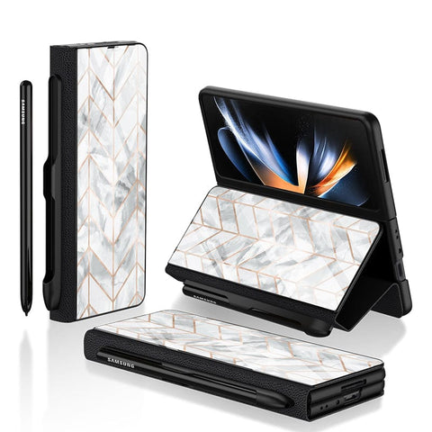 Samsung Galaxy Z Fold 3 5G Cover- White Marble Series 2 - HQ Ultra Shine Premium Infinity Glass Soft Silicon Borders Case