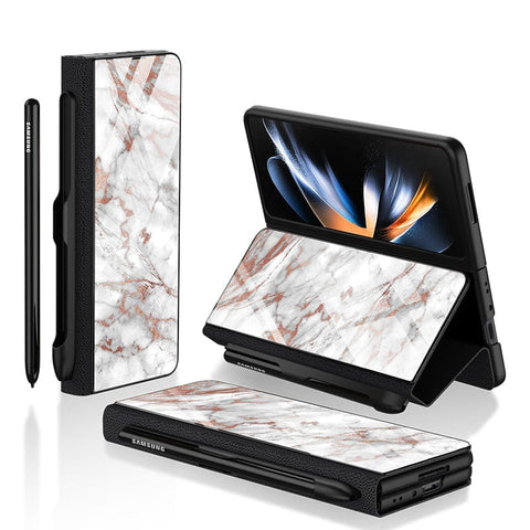 Samsung Galaxy Z Fold 3 5G Cover- White Marble Series 2 - HQ Ultra Shine Premium Infinity Glass Soft Silicon Borders Case