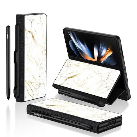 Samsung Galaxy Z Fold 3 5G Cover- White Marble Series 2 - HQ Ultra Shine Premium Infinity Glass Soft Silicon Borders Case