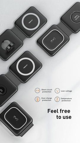 Black - Recci RCW-13 - 15W Magnetic RECCI Wireless Charger 3 in 1 Detachable Folding Function