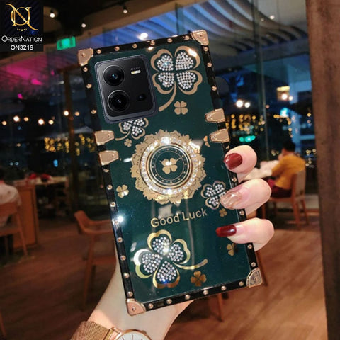 Vivo Y35 Cover - Green - Square Bling Diamond Glitter Soft TPU Trunk Case with Ring Holder
