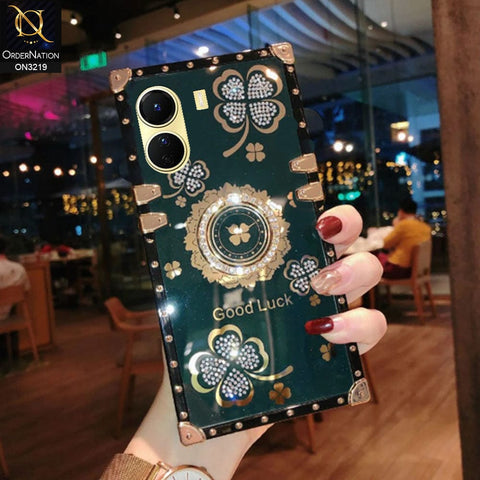Vivo Y02s Cover - Green - Square Bling Diamond Glitter Soft TPU Trunk Case with Ring Holder