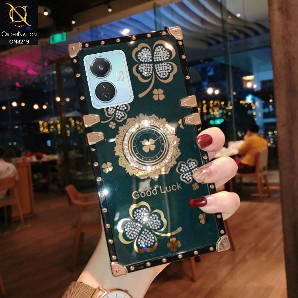 Vivo Y55 4G Cover - Green - Square Bling Diamond Glitter Soft TPU Trunk Case with Ring Holder