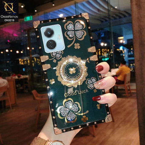 Vivo Y55 4G Cover - Green - Square Bling Diamond Glitter Soft TPU Trunk Case with Ring Holder