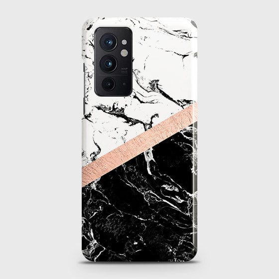 OnePlus 9RT 5G -  Black & White Marble With Chic RoseGold Strip Printed Hard Case with Life Time Colors Guarantee