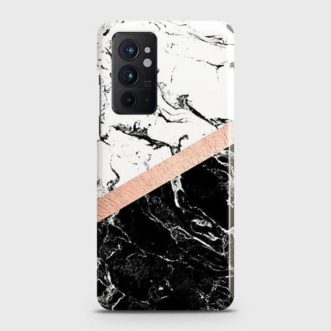 OnePlus 9RT 5G -  Black & White Marble With Chic RoseGold Strip Printed Hard Case with Life Time Colors Guarantee