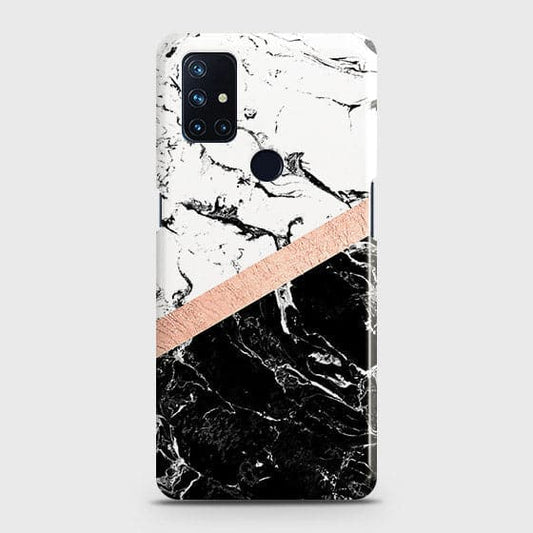 OnePlus Nord N10 5G Cover - Black & White Marble With Chic RoseGold Strip Case with Life Time Colors Guarantee ( Fast Delivery )