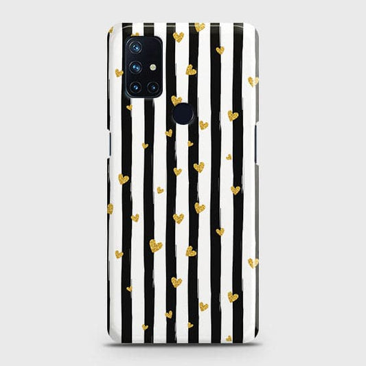 OnePlus Nord N10 5G Cover - Trendy Black & White Lining With Golden Hearts Printed Hard Case with Life Time Colors Guarantee