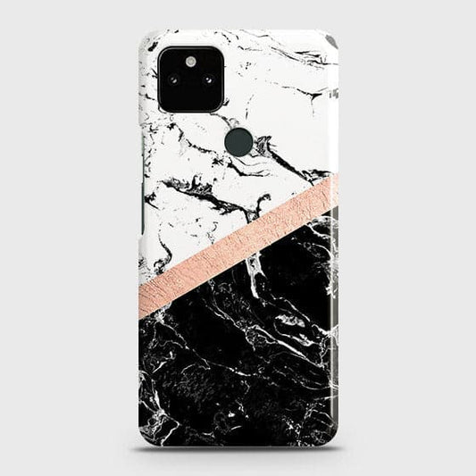 Google Pixel 5a 5G Cover - Black & White Marble With Chic RoseGold Strip Case with Life Time Colors Guarantee