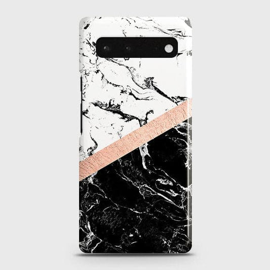Google Pixel 6 Cover - Black & White Marble With Chic RoseGold Strip Case with Life Time Colors Guarantee