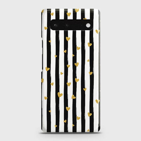 Google Pixel 6 Cover - Trendy Black & White Lining With Golden Hearts Printed Hard Case with Life Time Colors Guarantee