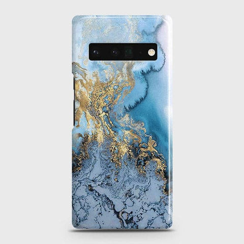 Google Pixel 6 Pro Cover - Trendy Golden & Blue Ocean Marble Printed Hard Case with Life Time Colors Guarantee (Fast Delivery) (H)