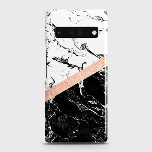 Google Pixel 6 Pro Cover - Black & White Marble With Chic RoseGold Strip Case with Life Time Colors Guarantee