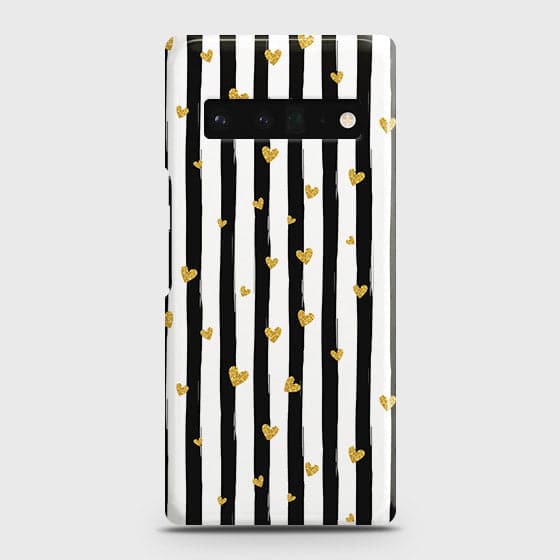Google Pixel 6 Pro Cover - Trendy Black & White Lining With Golden Hearts Printed Hard Case with Life Time Colors Guarantee (Fast Delivery) (H)