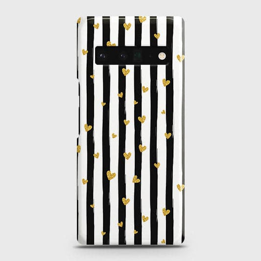 Google Pixel 6 Pro Cover - Trendy Black & White Lining With Golden Hearts Printed Hard Case with Life Time Colors Guarantee