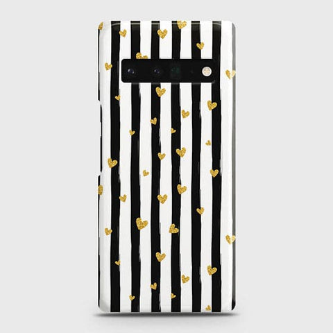 Google Pixel 6 Pro Cover - Trendy Black & White Lining With Golden Hearts Printed Hard Case with Life Time Colors Guarantee (Fast Delivery) (H)