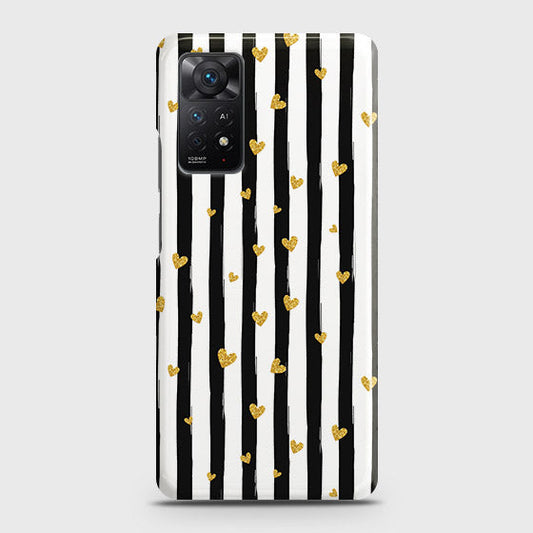 Xiaomi Redmi Note 11 Cover - Trendy Black & White Lining With Golden Hearts Printed Hard Case with Life Time Colors Guarante