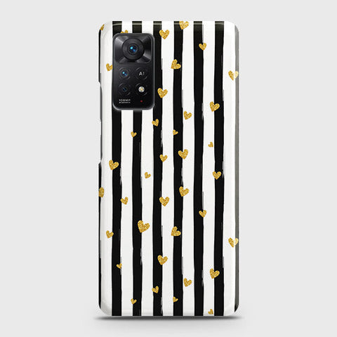 Xiaomi Redmi Note 11S Cover - Trendy Black & White Lining With Golden Hearts Printed Hard Case with Life Time Colors Guarantee