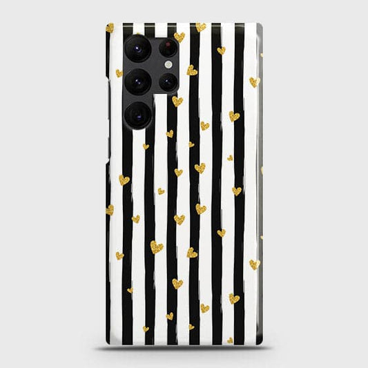 Samsung Galaxy S22 Ultra 5G Cover - Trendy Black & White Lining With Golden Hearts Printed Hard Case with Life Time Colors Guarantee