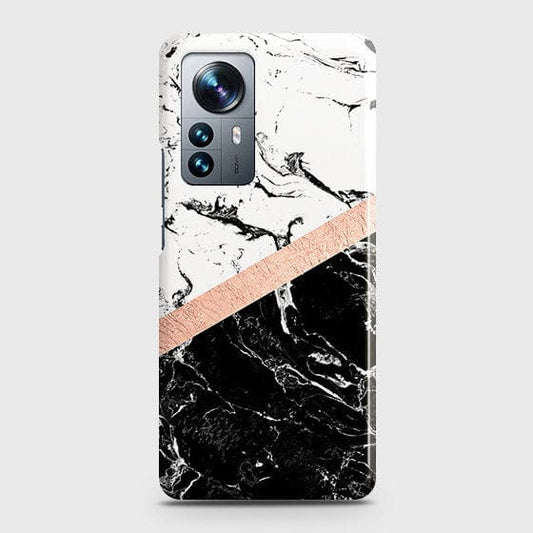 Xiaomi 12 -  Black & White Marble With Chic RoseGold Strip Printed Hard Case with Life Time Colors Guarantee