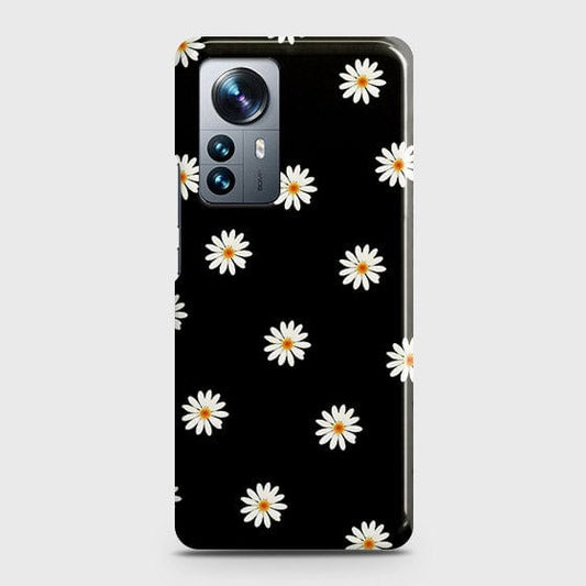 Xiaomi 12 Cover - White Bloom Flowers with Black Background Printed Hard Case with Life Time Colors Guarantee