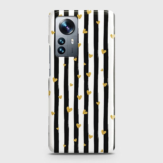 Xiaomi 12 Pro Cover - Trendy Black & White Lining With Golden Hearts Printed Hard Case with Life Time Colors Guarantee