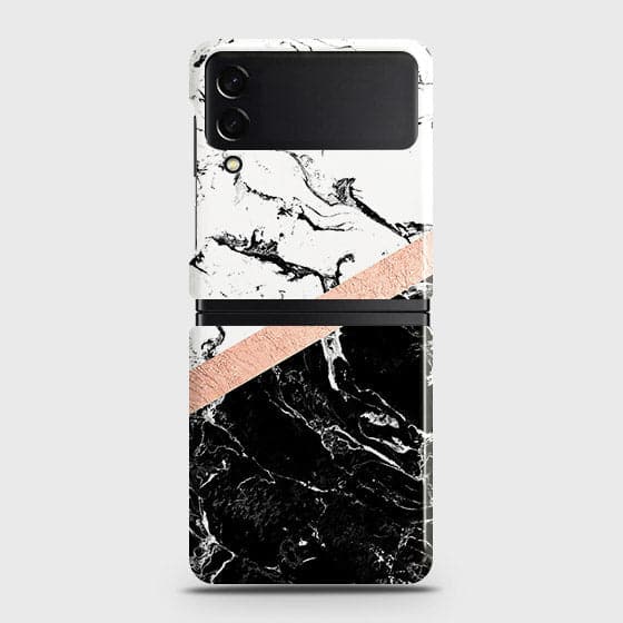 Samsung Galaxy Z Flip 3 5G Cover - Black & White Marble With Chic RoseGold Strip Case with Life Time Colors Guarantee