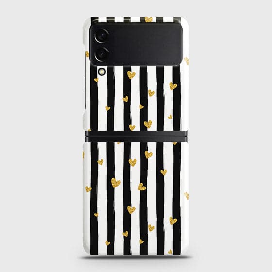 Samsung Galaxy Z Flip 3 5G Cover - Trendy Black & White Lining With Golden Hearts Printed Hard Case with Life Time Colors Guarantee