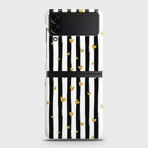 Samsung Galaxy Z Flip 3 5G Cover - Trendy Black & White Lining With Golden Hearts Printed Hard Case with Life Time Colors Guarantee