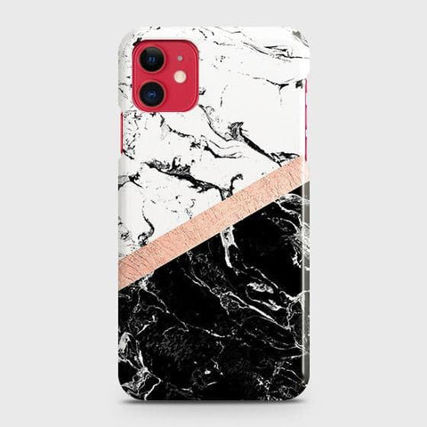iPhone 11 Cover - Black & White Marble With Chic RoseGold Strip Case with Life Time Colors Guarantee