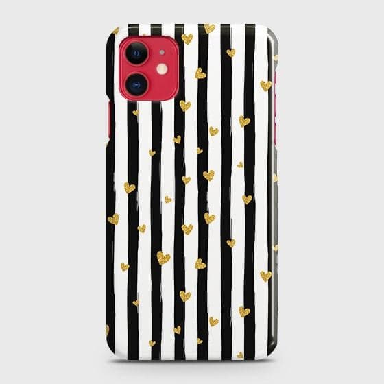 iPhone 11 Cover - Trendy Black & White Lining With Golden Hearts Printed Hard Case with Life Time Colors Guarantee