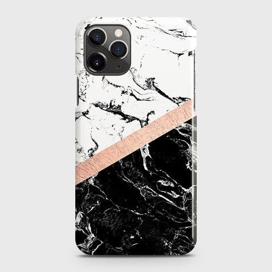 iPhone 11 Pro Cover - Black & White Marble With Chic RoseGold Strip Case with Life Time Colors Guarantee