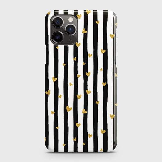 iPhone 11 Pro Max Cover - Trendy Black & White Lining With Golden Hearts Printed Hard Case with Life Time Colors Guarantee