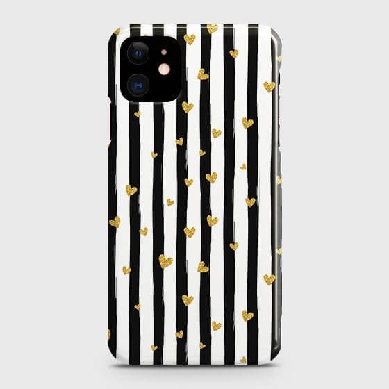 iPhone 12 Cover - Trendy Black & White Lining With Golden Hearts Printed Hard Case with Life Time Colors Guarantee