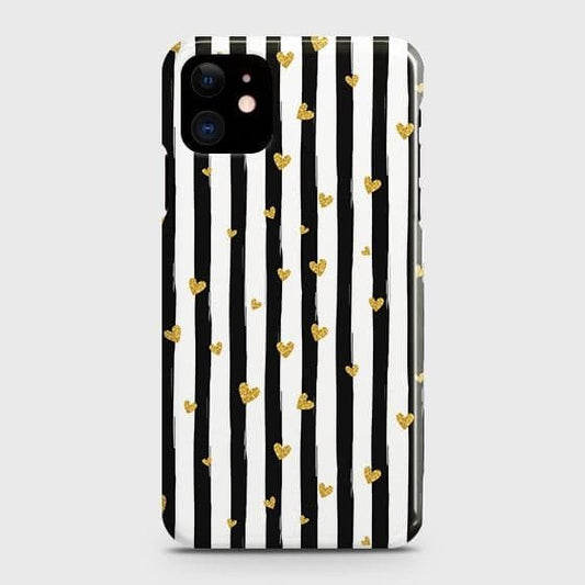 iPhone 12 Cover - Trendy Black & White Lining With Golden Hearts Printed Hard Case with Life Time Colors Guarantee